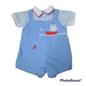 Vintage 80s Blue Embroidered Fisherman Teddy Bear Outfit